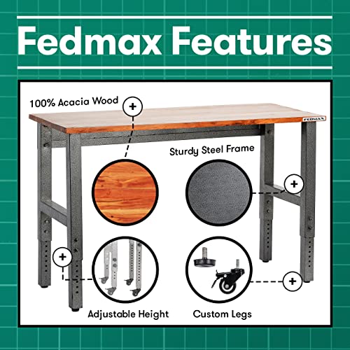 Fedmax Work Bench - 48" Rolling Portable Workbench for Garage - Metal with Acacia Hardwood Top, Adjustable Legs