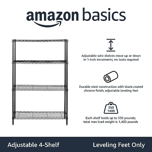 Amazon Basics 4-Shelf Adjustable, Heavy Duty Storage Shelving Unit (350 lbs loading capacity per shelf), Steel Organizer Wire Rack, Black (36L x 14W x 54H)