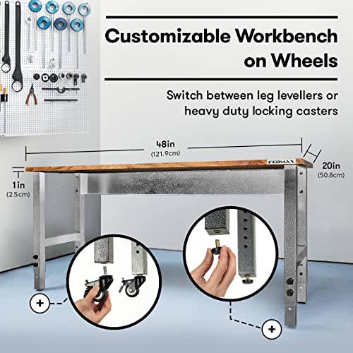 Fedmax Work Bench - 48" Rolling Portable Workbench for Garage - Metal with Acacia Hardwood Top, Adjustable Legs