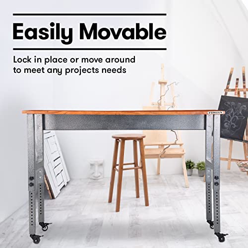 Fedmax Work Bench - 48" Rolling Portable Workbench for Garage - Metal with Acacia Hardwood Top, Adjustable Legs