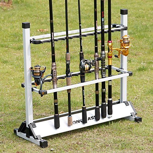 One Bass Fishing Rod Rack Metal Aluminum AlloyPortable Fishing Rod Holder Fishing Rod Organizer for All Type Fishing Pole, Hold Up to 24 Rods