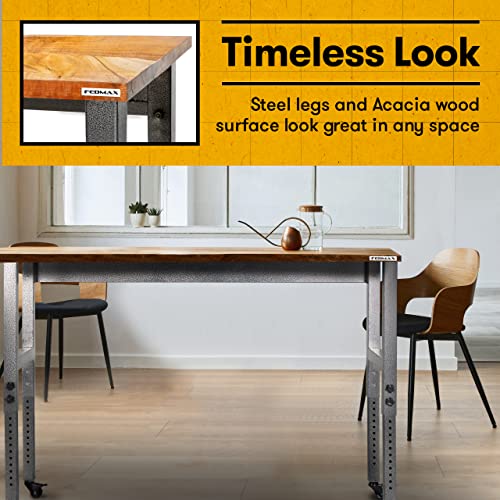 Fedmax Work Bench - 48" Rolling Portable Workbench for Garage - Metal with Acacia Hardwood Top, Adjustable Legs