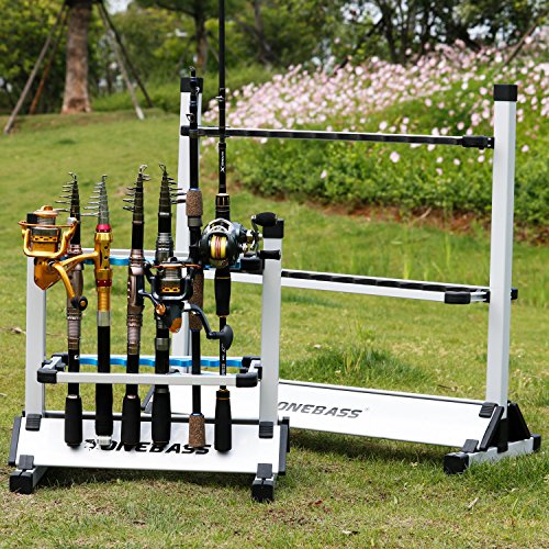 One Bass Fishing Rod Rack Metal Aluminum AlloyPortable Fishing Rod Holder Fishing Rod Organizer for All Type Fishing Pole, Hold Up to 24 Rods