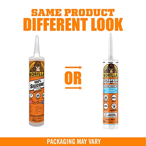 Gorilla Waterproof Caulk & Seal 100% Silicone Sealant, 10oz Cartridge, White (Pack of 1)