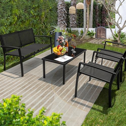 Flamaker 4 Pieces Patio Furniture Outdoor furniture Outdoor Patio Furniture Set Textilene Bistro Set Modern Conversation Set Black Bistro Set with Loveseat Tea Table for Home, Lawn and Balcony (Black)