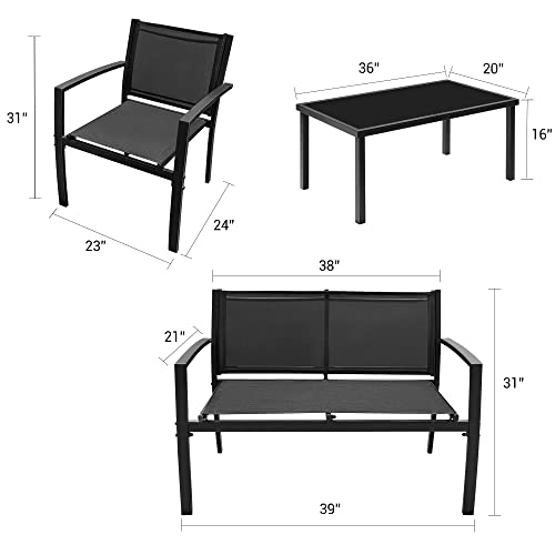 Flamaker 4 Pieces Patio Furniture Outdoor furniture Outdoor Patio Furniture Set Textilene Bistro Set Modern Conversation Set Black Bistro Set with Loveseat Tea Table for Home, Lawn and Balcony (Black)