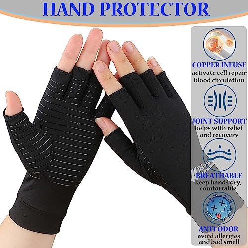 2 Pairs Copper Arthritis Gloves - Compression Gloves, Fingerless Copper Gloves for Typing & Daily Work - for Men&Women Black
