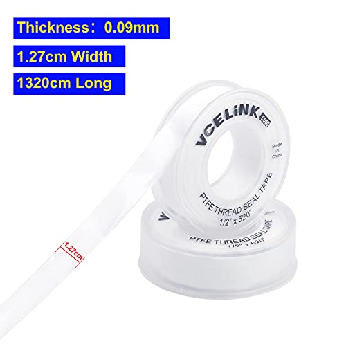 PTFE Plumbers Tape, VCELINK Industrial Water Sealant Thread Tape, 520" Length, 1/2" Width, Plumbing Teflon Tape for Shower Heads and Pipe Threads, White (2 Rollsï¼