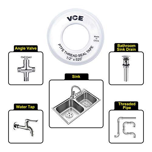 PTFE Plumbers Tape, VCELINK Industrial Water Sealant Thread Tape, 520" Length, 1/2" Width, Plumbing Teflon Tape for Shower Heads and Pipe Threads, White (2 Rollsï¼