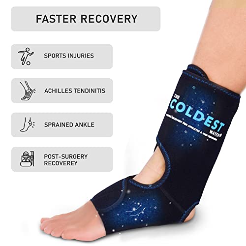 The Coldest Foot Ankle Achilles Pain Relief Ice Wrap with 2 Cold Gel Packs | Best for Achilles Tendon Injuries, Plantar Fasciitis, Bursitis & Sore Feet Built for Cold Therapy (Black XS-XL)