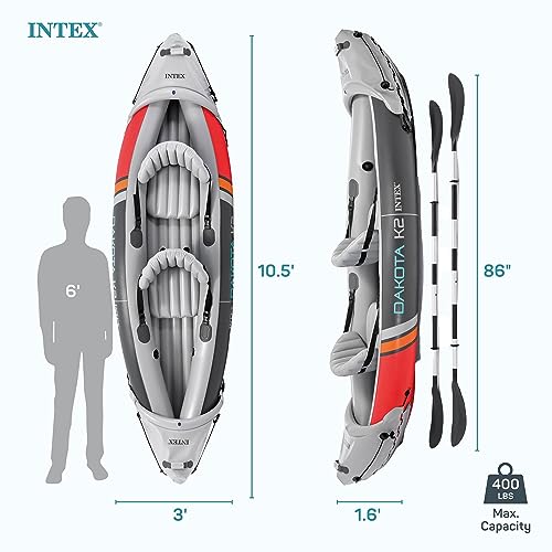 Intex 68310VM Dakota K2 2-Person Heavy-Duty Vinyl Inflatable Kayak with 86-Inch Oars and Air Pump, Gray & Red