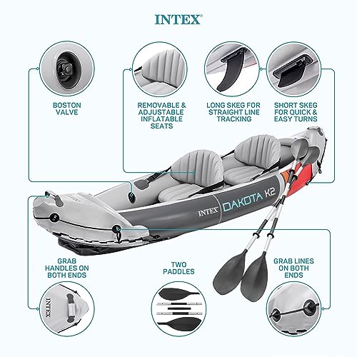 Intex 68310VM Dakota K2 2-Person Heavy-Duty Vinyl Inflatable Kayak with 86-Inch Oars and Air Pump, Gray & Red