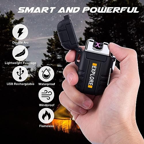 Waterproof Lighter Outdoor Windproof Lighter Dual Arc Lighter Electric Lighters USB Rechargeable-Flameless-Plasma Cool Lighters for Camping,Hiking,Adventure,Survival Tactical Gear (Black)