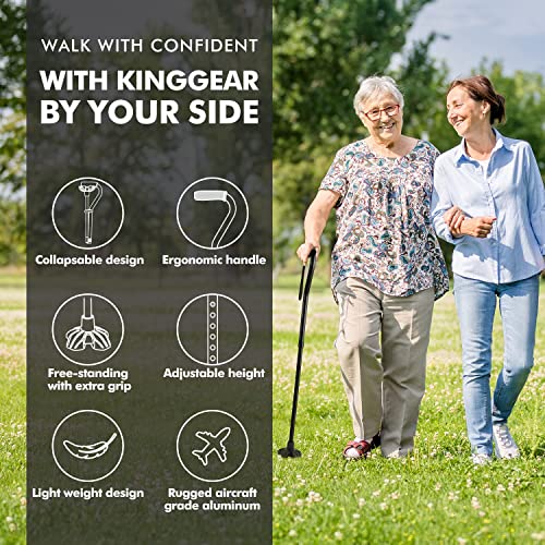 KINGGEAR Walking Cane for Women and Men, Lightweight and Sturdy Offset Walking Stick , Large Quad Base Canes for Seniors, Walking Crutches for People with Leg Injuries (Black)