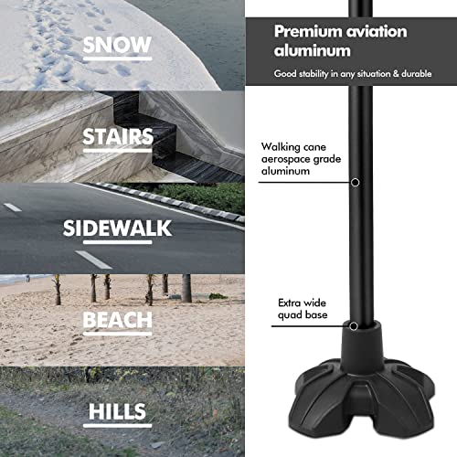 KINGGEAR Walking Cane for Women and Men, Lightweight and Sturdy Offset Walking Stick , Large Quad Base Canes for Seniors, Walking Crutches for People with Leg Injuries (Black)