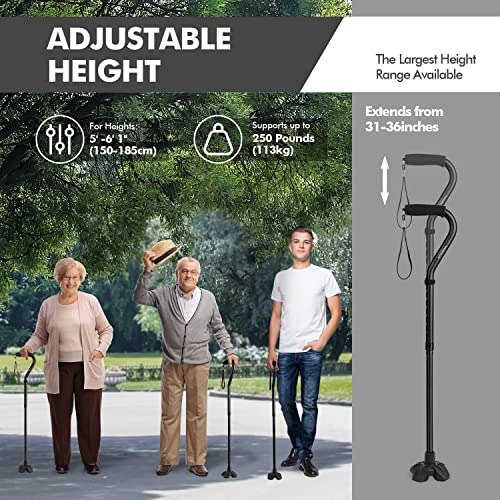 KINGGEAR Walking Cane for Women and Men, Lightweight and Sturdy Offset Walking Stick , Large Quad Base Canes for Seniors, Walking Crutches for People with Leg Injuries (Black)