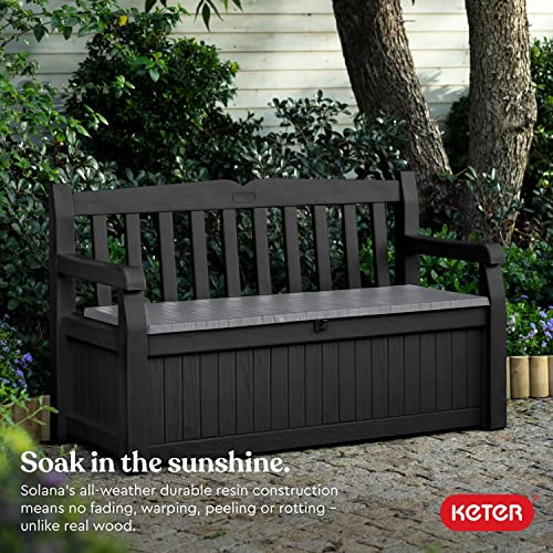 Keter Solana 70 Gallon Storage Bench Deck Box for Patio Furniture, Front Porch Decor and Outdoor Seating â Perfect to Store Garden Tools and Pool Toys, Grey
