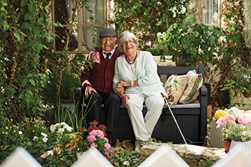 Keter Solana 70 Gallon Storage Bench Deck Box for Patio Furniture, Front Porch Decor and Outdoor Seating â Perfect to Store Garden Tools and Pool Toys, Grey