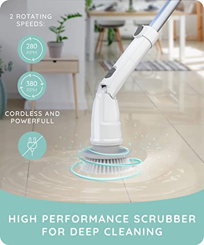 JULY HOME Electric Spin Scrubber - 360 Cordless Automatic Power Scrubber Brush for Shower, Surface Cleaner for Tile, Floor, Tub & Bathroom with Long Handle & 3 Replaceable Rotating Brush Heads (White)