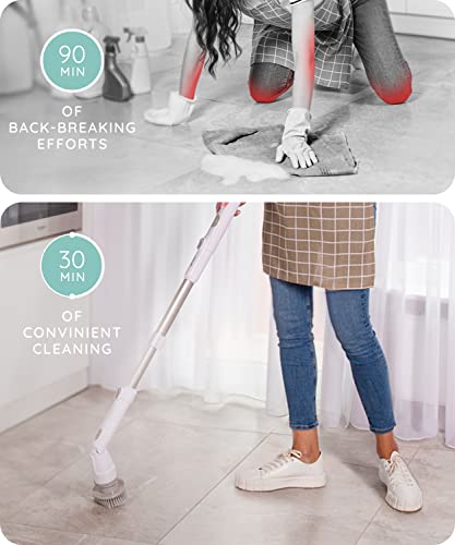 JULY HOME Electric Spin Scrubber - 360 Cordless Automatic Power Scrubber Brush for Shower, Surface Cleaner for Tile, Floor, Tub & Bathroom with Long Handle & 3 Replaceable Rotating Brush Heads (White)