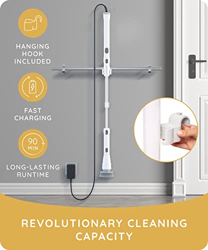 JULY HOME Electric Spin Scrubber - 360 Cordless Automatic Power Scrubber Brush for Shower, Surface Cleaner for Tile, Floor, Tub & Bathroom with Long Handle & 3 Replaceable Rotating Brush Heads (White)