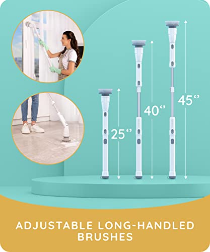 JULY HOME Electric Spin Scrubber - 360 Cordless Automatic Power Scrubber Brush for Shower, Surface Cleaner for Tile, Floor, Tub & Bathroom with Long Handle & 3 Replaceable Rotating Brush Heads (White)