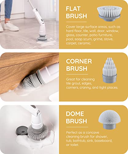 JULY HOME Electric Spin Scrubber - 360 Cordless Automatic Power Scrubber Brush for Shower, Surface Cleaner for Tile, Floor, Tub & Bathroom with Long Handle & 3 Replaceable Rotating Brush Heads (White)