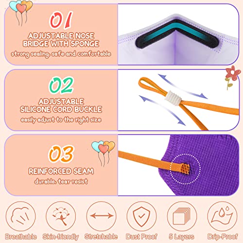 Kids KN95 Masks for Children, 50Pack 5-Layer Multicolored Disposable KN95 Face Masks with Adjustable Ear Loop for Boys Girls