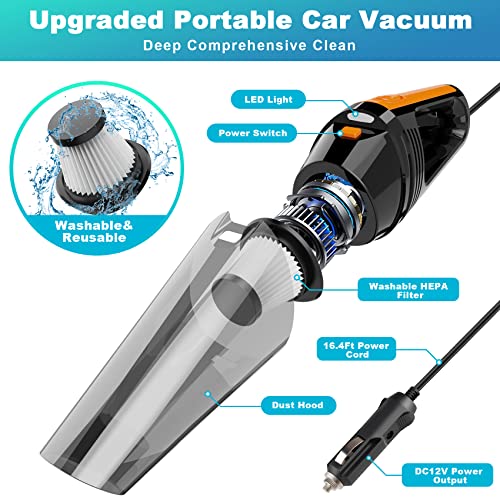QYHY Car Vacuum, Portable Car Vacuum Cleaner High Power 8000PA/100W/DC12V, 16.4Ft Corded Handheld car Vacuum with LED Light, Deep Detailing Cleaning Kit of Car Interior with Wet or Dry for Men/Women