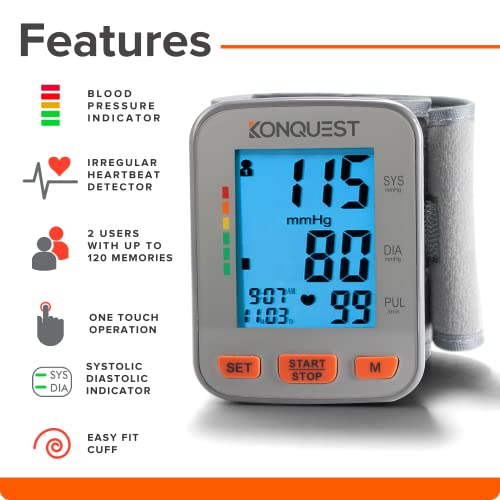 Konquest KBP-2910W Automatic Wrist Blood Pressure Monitor - Accurate - Adjustable Cuff, Large Screen Display, Portable Case - Irregular Heartbeat & Hypertension Detector