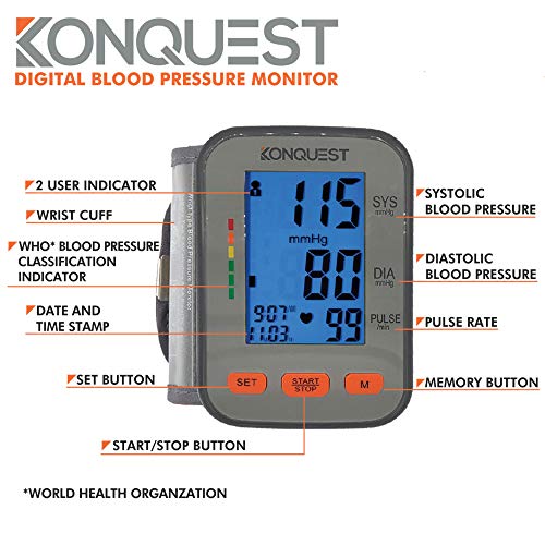 Konquest KBP-2910W Automatic Wrist Blood Pressure Monitor - Accurate - Adjustable Cuff, Large Screen Display, Portable Case - Irregular Heartbeat & Hypertension Detector