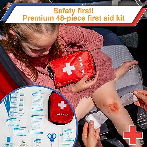 Car Emergency Safety Kit Bag with Portable Air Compressor, First Aid Kit, Heavy Duty Roadside Auto Emergency Kits Jumper Cables Tow Strap Tire Pressure Gauge, Headlamp, for Women, Men, Teen