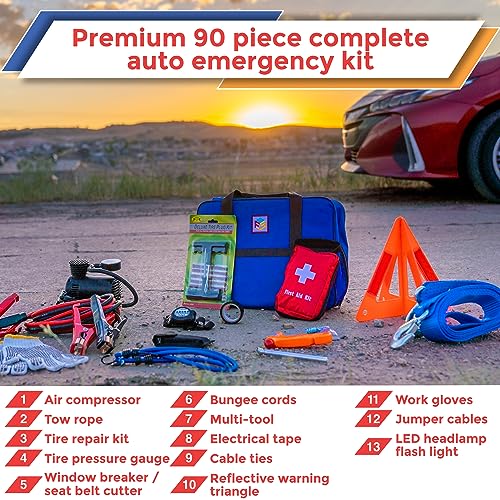 Car Emergency Safety Kit Bag with Portable Air Compressor, First Aid Kit, Heavy Duty Roadside Auto Emergency Kits Jumper Cables Tow Strap Tire Pressure Gauge, Headlamp, for Women, Men, Teen