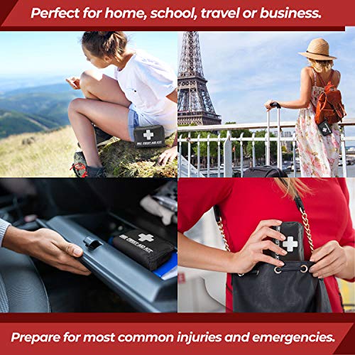 M2 BASICS 150 Piece First Aid Kit w/Compact Bag, Carabiner, Emergency Blanket | Emergency Medical Supply | Full of Supplies for Home, Office, Outdoors, Car, Camping, Travel