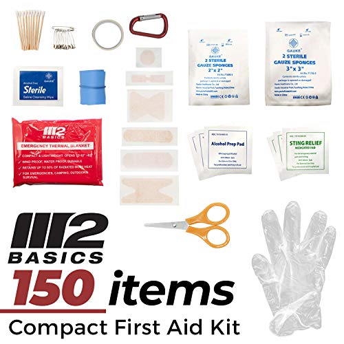 M2 BASICS 150 Piece First Aid Kit w/Compact Bag, Carabiner, Emergency Blanket | Emergency Medical Supply | Full of Supplies for Home, Office, Outdoors, Car, Camping, Travel