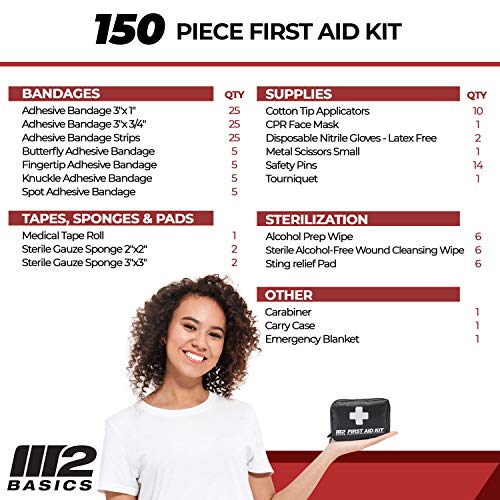 M2 BASICS 150 Piece First Aid Kit w/Compact Bag, Carabiner, Emergency Blanket | Emergency Medical Supply | Full of Supplies for Home, Office, Outdoors, Car, Camping, Travel