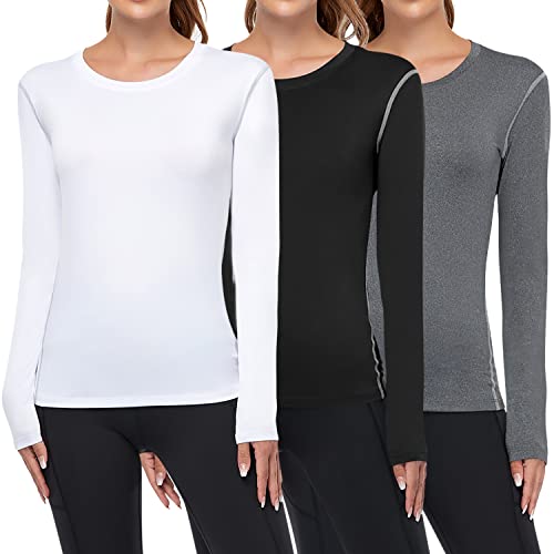WANAYOU Women's 3 Pack Compression Shirt Moisture Wicking Long Sleeve Running Athletic T-Shirt Workout Yoga Skiing Tops Winter Baselayer (3 Pack(Black+White+Grey), Medium)