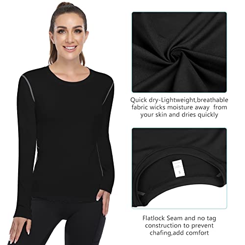 WANAYOU Women's 3 Pack Compression Shirt Moisture Wicking Long Sleeve Running Athletic T-Shirt Workout Yoga Skiing Tops Winter Baselayer (3 Pack(Black+White+Grey), Medium)