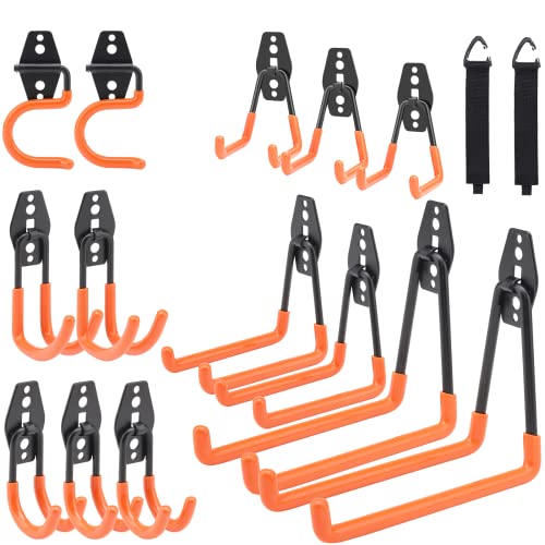 Dorisy Upgraded 16 Packs Garage Hooks Utility Double Heavy Duty with Mop Broom Holders, Wall Mount Hooks, Garage Storage Organization and Tool Hangers for Power ï¼ Garden Tools, Ladders, Bikes(Orange)