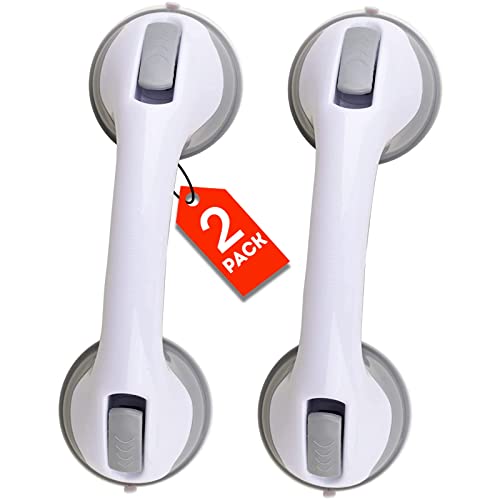 (2 Pack) Shower Handle 12 inch Grab Bars for Bathtubs and Showers Suction Grab Bar Bathroom Bathtub Bath Handles Handicap Elderly Seniors Safety Cup Grip Non Slip - ONLY for Tiles Glass & Hard Plastic