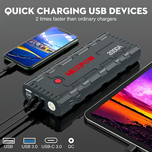 NEXPOW 2000A Peak 18000mAh Car Jump Starter with USB Quick Charge 3.0 (Up to 7.0L Gas or 6.5L Diesel Engine), 12V Portable Battery Starter, Battery Booster with Built-in LED Light