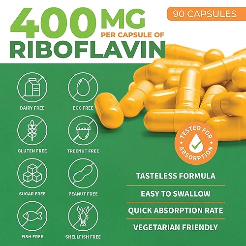 Vitamin B2 Riboflavin, 400mg - 90 Capsules - Promotes Healthier Blood, Nervous System, Energy and Metabolism â Non-GMO, Gluten Free Daily Dietary Supplement â by ForestLeaf