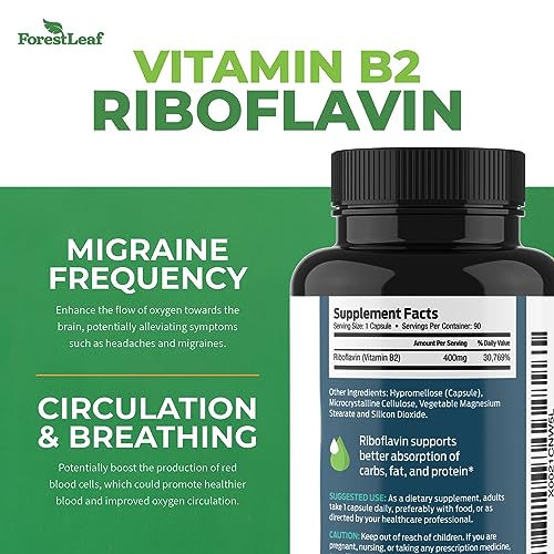 Vitamin B2 Riboflavin, 400mg - 90 Capsules - Promotes Healthier Blood, Nervous System, Energy and Metabolism â Non-GMO, Gluten Free Daily Dietary Supplement â by ForestLeaf