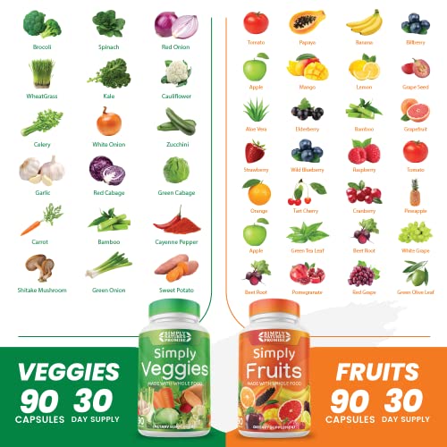 Simply Nature's Promise - Fruit and Vegetable Supplements - 90 Veggie and 90 Fruit Capsules - Made with Whole Food Superfoods, Packed Vitamins & Minerals - Soy Free - No Fillers or Extracts