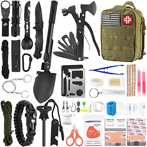 Survival Kit and First Aid Kit, 142Pcs Professional Survival Gear and Equipment with Molle Pouch, for Men Dad Husband Who Likes Camping Outdoor Adventure (Green)