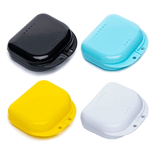 Retainer Case with Vent Holes, 4 Pcs Denture Case, Durable & Similar Mouth Guard Case for Black, White, Yellow and Blue - Tight Snap Lock, Easy to Use