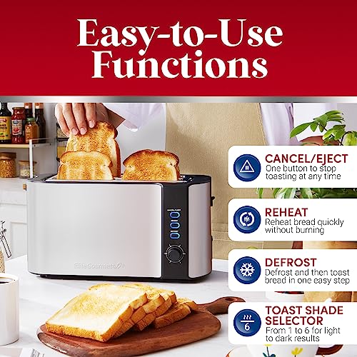 Elite Gourmet ECT-3100 Long Slot 4 Slice Toaster, Reheat, 6 Toast Settings, Defrost, Cancel Functions, Built-in Warming Rack, Extra Wide Slots for Bagels Waffles, Stainless Steel & Black