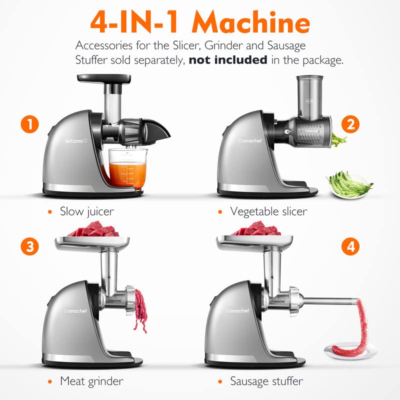 Slow Masticating Juicer, AMZCHEF Cold Press Juicer Professional Machine, Slow Juicer with Quiet Motor/Reverse Function, Juicer Machines with Brush, for High Nutrient Fruit & Vegetable (Updated)