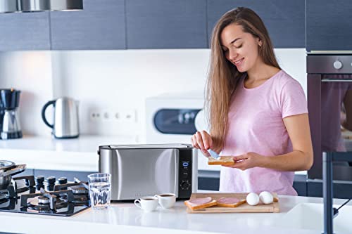 Elite Gourmet ECT-3100 Long Slot 4 Slice Toaster, Reheat, 6 Toast Settings, Defrost, Cancel Functions, Built-in Warming Rack, Extra Wide Slots for Bagels Waffles, Stainless Steel & Black