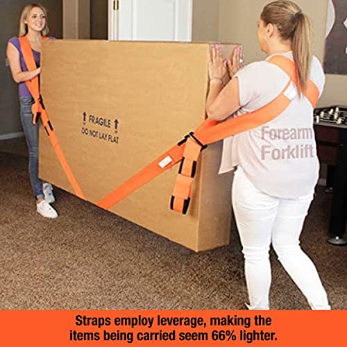 Forearm Forklift 2-Person Shoulder Harness and Moving Straps System, Lift Furniture, Appliances, or Item up to 800 lbs. Safe and Easy Like a Pro, 2 Harnesses and 2 Straps, Orange